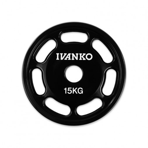 Диск олимпийский уретановый E-Z Ivanko OUEZ 15 кг (51 мм, черный) с 7-ми хватами